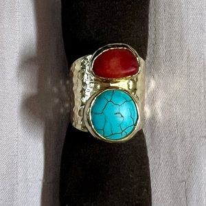Turkish turquoise and red carnelian hammered gold plated adjustable ring